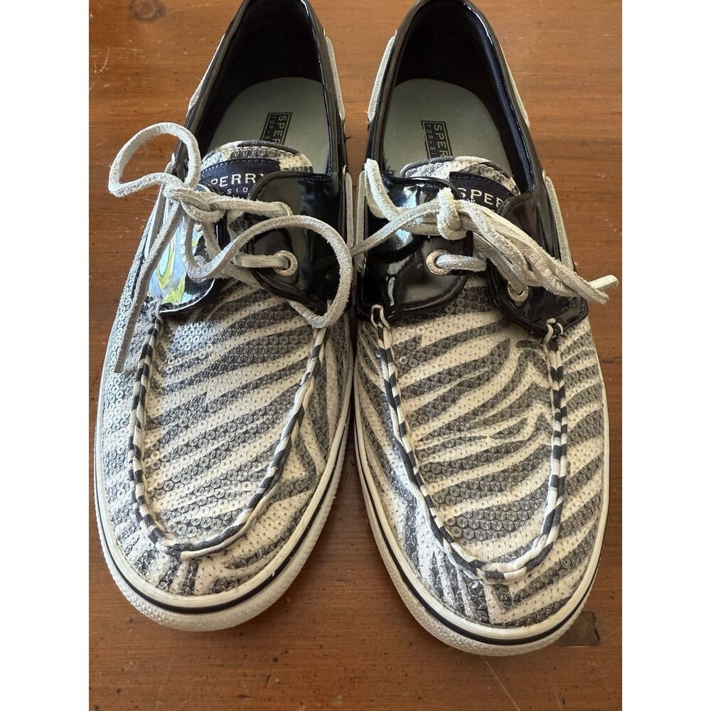 Sperry Top-Sider Zebra Print Boat Shoes | Sequin Canvas Patent Leather Trim Size